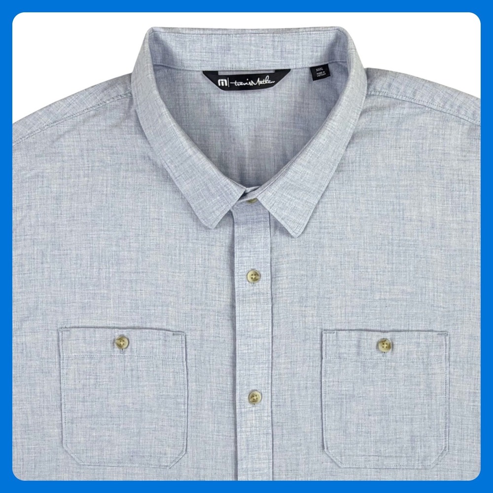 TravisMathew Button Down Shirt Men 3XL Light Blue Cotton Dual Pocket Long Sleeve